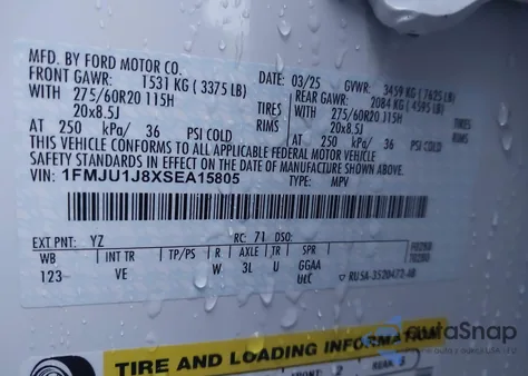 2025 Ford Expedition Active из США, поврежденный, VIN 1FMJU1J8XSEA15805